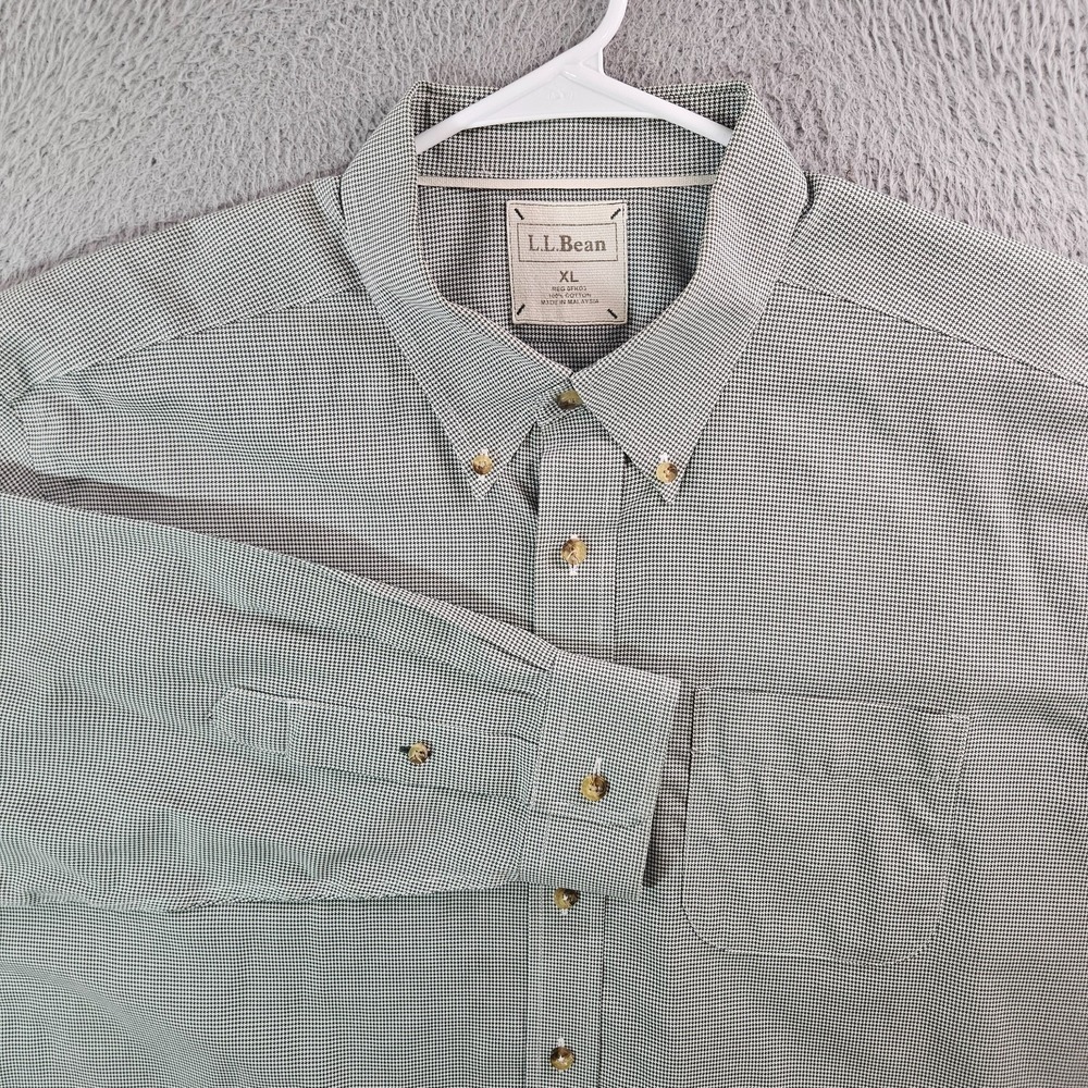 LL Bean Shirt Men XL Button Up Long Sleeve Olive Green Pattern - Flaw